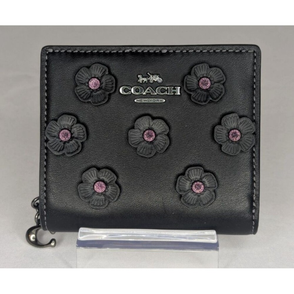 Coach Snap Wallet with Floral Applique - Black, Pink Rivets, Gunmetal, NWT - Picture 5 of 9